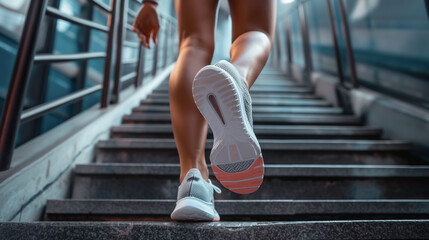 Woman walking with strength and agility on stairs, joint strength, healthy and wellness concept.