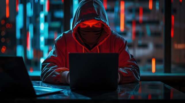 Dramatic lighting depicts a red-hooded individual deeply engrossed in cyber activities suggesting a scene of hacking or security breach