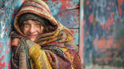 Pretty young woman smiling and wrapped in a colorful scarf leaning on a graffiti wall