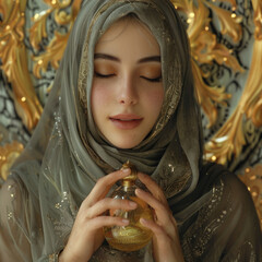 Graceful Woman in a Golden Hijab Holding an Ornate Perfume Bottle Against a Gilded Background