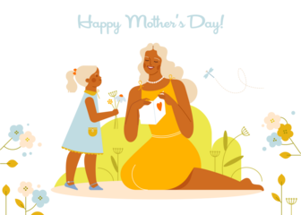 Daughter presenting her mother flowers and greeting card on the Mother's Day. Little girl with mother