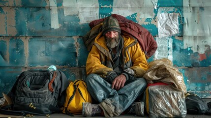 An elderly homeless man sits huddled against a grunge wall with his possessions