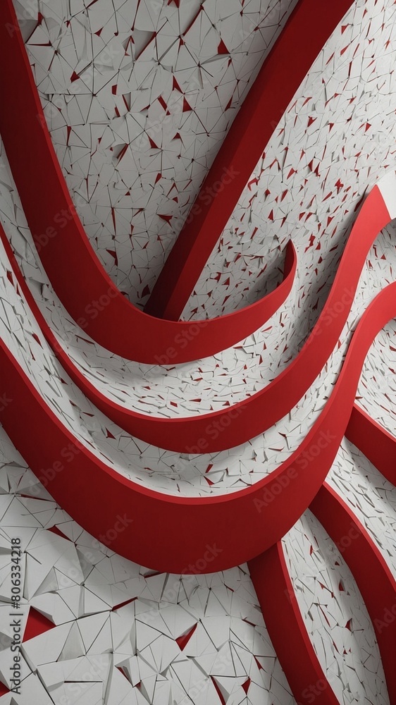 Poster wavy red lines twist, turn through background of white geometric shapes. red lines smooth, have dept