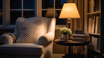 A serene bedroom corner featuring a plush white armchr and a small side table, adorned with a stack of books and a reading lamp, offering a cozy retreat for nighttime reading