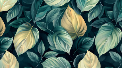 Lush Green Leaves Enhanced with Golden Outlines and Veins on a Dark Background