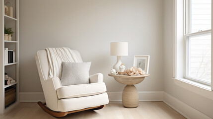 A serene bedroom corner featuring a comfortable white rocking chr and a small side table, adorned...