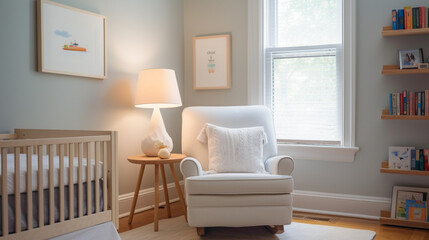 A serene bedroom corner featuring a comfortable white rocking chr and a small side table, adorned with a baby mobile and children's books, offering a tranquil space for bedtime stories