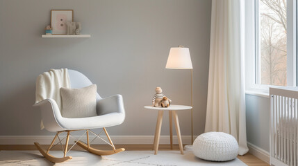 A serene bedroom corner featuring a comfortable white rocking chr and a small side table, adorned with a baby mobile and children's books, offering a tranquil space for bedtime stories