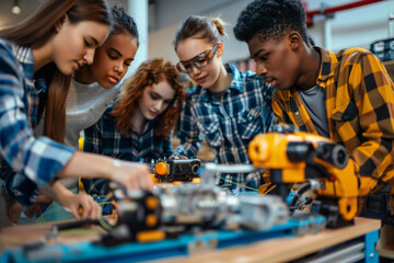 Team of Diverse Engineers Working Together on Robot Assembly Line - Industrial Collaboration in Action