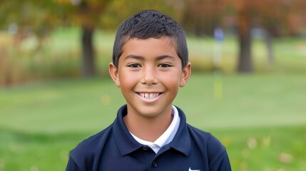 Smiling caucasian boy at golf training session poses for camera on green golf course