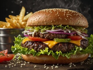 Large hamburger sits on wooden surface with metal container of french fries behind it. Hamburger has two beef patties with melted cheese, lettuce, tomato, red onion,.