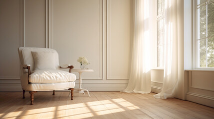 A serene room with a pristine white chr and table bathed in soft natural light from a nearby window, casting gentle shadows across the floor