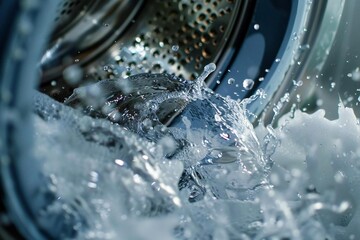 Fresh Laundry Flow: Washing Machine Drum in Action with Water Splashes