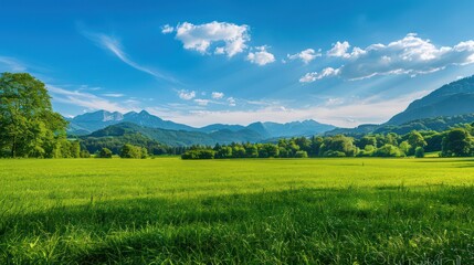 Obraz premium A breathtaking green field leading to picturesque mountain peaks under a clear sky, inspiring adventure