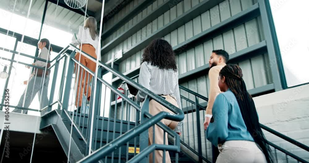 Poster business people, modern office and stairs at a creative company agency with staff and walking. commu