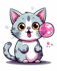 Obraz premium Cat with pink bubble, bright sticker on a white background, bright sticker on a white background