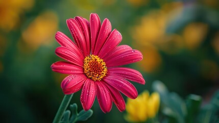 Obraz premium A stunning macro shot capturing the intricate details of a red daisy with water droplets, set against a soft green backdrop