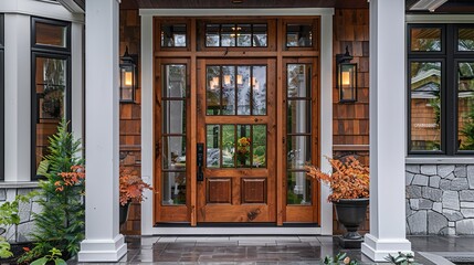 Main entrance door in the house. Wooden front door with gabled porch and landing. The exterior of Georgian style home cottage with white columns and stone cladding.