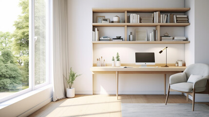 Fototapeta premium A serene study nook with a comfortable white swivel chr and a minimalist desk, bathed in natural light from a nearby window, offering an ideal space for focused work or study