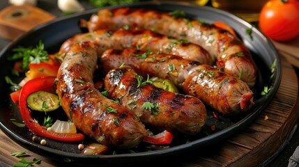Sausages fried on fire in a plate with vegetables. Food for a picnic, a quick snack.