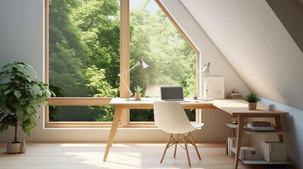 A serene study space with a minimalist white desk chr and a sleek writing table, bathed in natural light from a nearby window, providing an inspiring environment for creative work