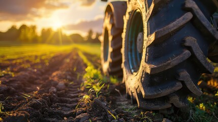 Close-up image of a large farm tractor tire in a field during sunset, highlighting agricultural industry