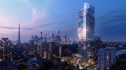 A sleek condominium building in the heart of a bustling city, reflecting city lights