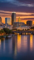 Cityscape unfolds at twilight, presenting river mirroring warm glow of sky, lights from buildings. Skyscrapers define skyline.