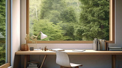 A serene study space with a minimalist white desk chr and a sleek writing table, bathed in natural light from a nearby window, providing an inspiring environment for creative work