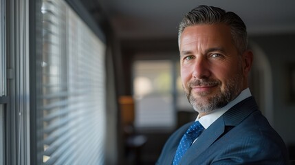 A mature businessman with a well-groomed beard exudes confidence and professionalism against a bright office window background