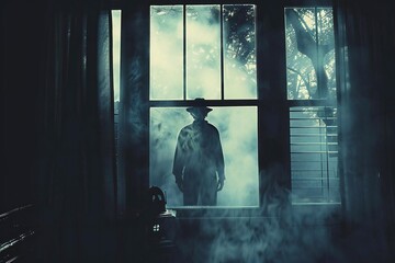 Spooky Silhouette in Bedroom Window: Halloween Horror Scene
