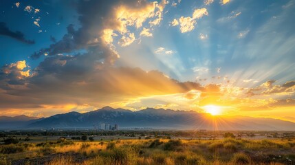 Fototapeta premium Majestic golden hour sunlight streams through clouds illuminating a landscape below