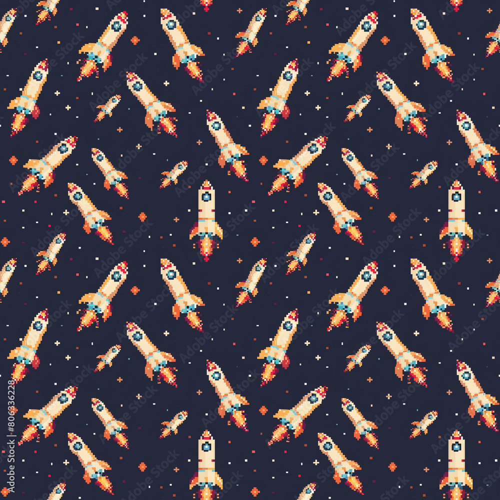 Poster a design featuring a repetitive pattern of pixelated rockets.