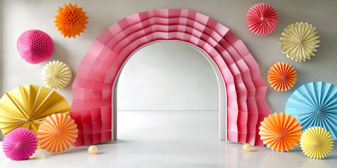 Room with a white wall and archway. The archway is decorated with colorful paper lanterns