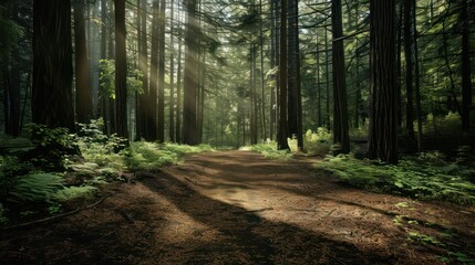 Fototapeta premium Sunbeams break through towering redwoods, casting light on the soft forest floor, evoking a sense of peace in the natural world
