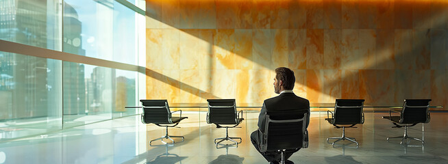 Businessman in contemplation sits alone in a sunlit, minimalist boardroom, the day's end shadows playing across the sleek interior