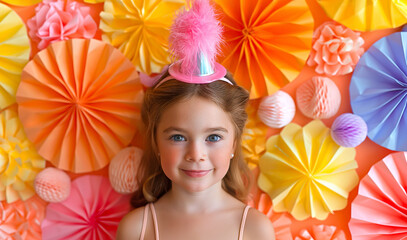 Joyful Birthday Girl wearing a party hat in decorated room with colorful Paper Fans