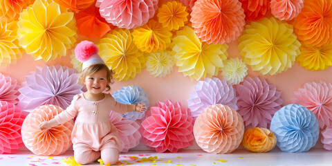 Joyful Birthday Girl wearing a party hat in decorated room with colorful Paper Fans