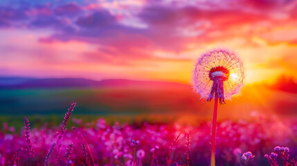 Dandelion, flower, field, sunset, wallpaper.