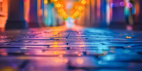 Dazzling bokeh bubbles hover over glistening tracks against a soft sunset backdrop.