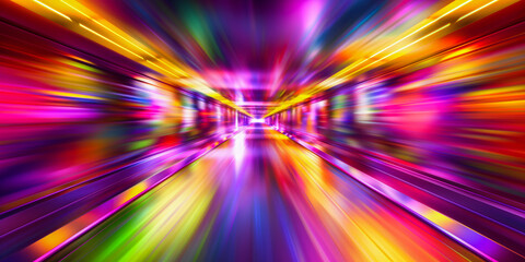 Dynamic and colorful light trails converging in a tunnel, depicting speed and motion.