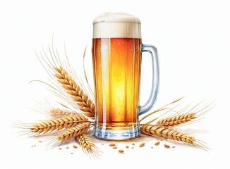 Drawing of a full beer glass and ears of wheat on a white background