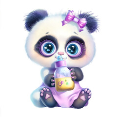 Fototapeta premium Baby Panda Holding Baby Bottle, Baby Shower, Nursery Decor, Generative AI