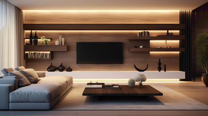 A sleek modern living room with a wood floating shelf adorned with elegant decor, casting a warm glow under recessed lighting