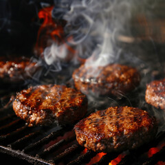 multiple burger meat patties on a grill with smoke and fire effects