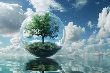 glass transparent sphere with tree inside on clear water symbolized planet earth and ecology, concept of life and nature protection, environment day wallpaper, importance of water