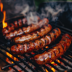 multiple sausages on a grill with smoke and fire effects