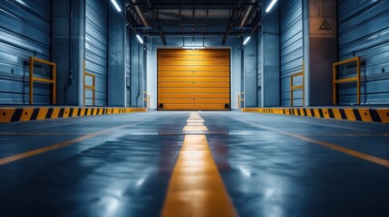 A symmetrical view of an industrial warehouse interior with a striking yellow roll-up door and leading lines