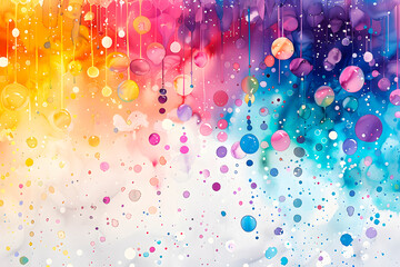 Abstract colorful watercolor illustration with multi-colored drops flowing down the surface on a light background. Colorful and bright illustration.