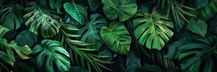 Green tropical leaves and plants on a dark background. Generate AI image